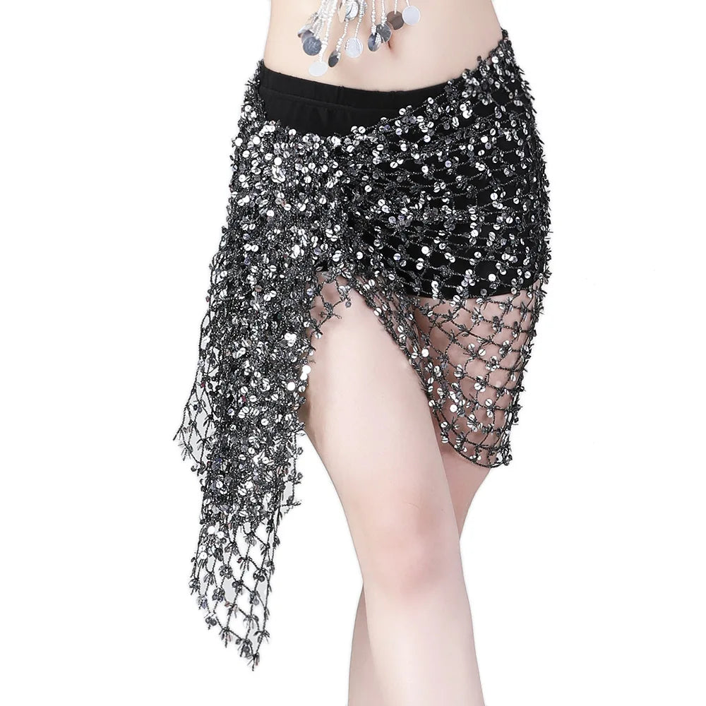 Black sequin belly dance hip scarf with shimmering coin details over shorts