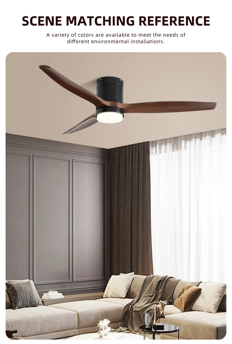 Solid Wood Ceiling Fan – 42/52 Inch LED Light for Living Room Dining