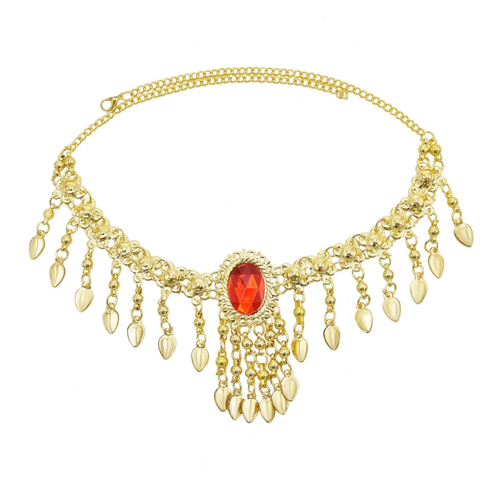 Gold statement necklace with red gemstone centerpiece and dangling leaf charms