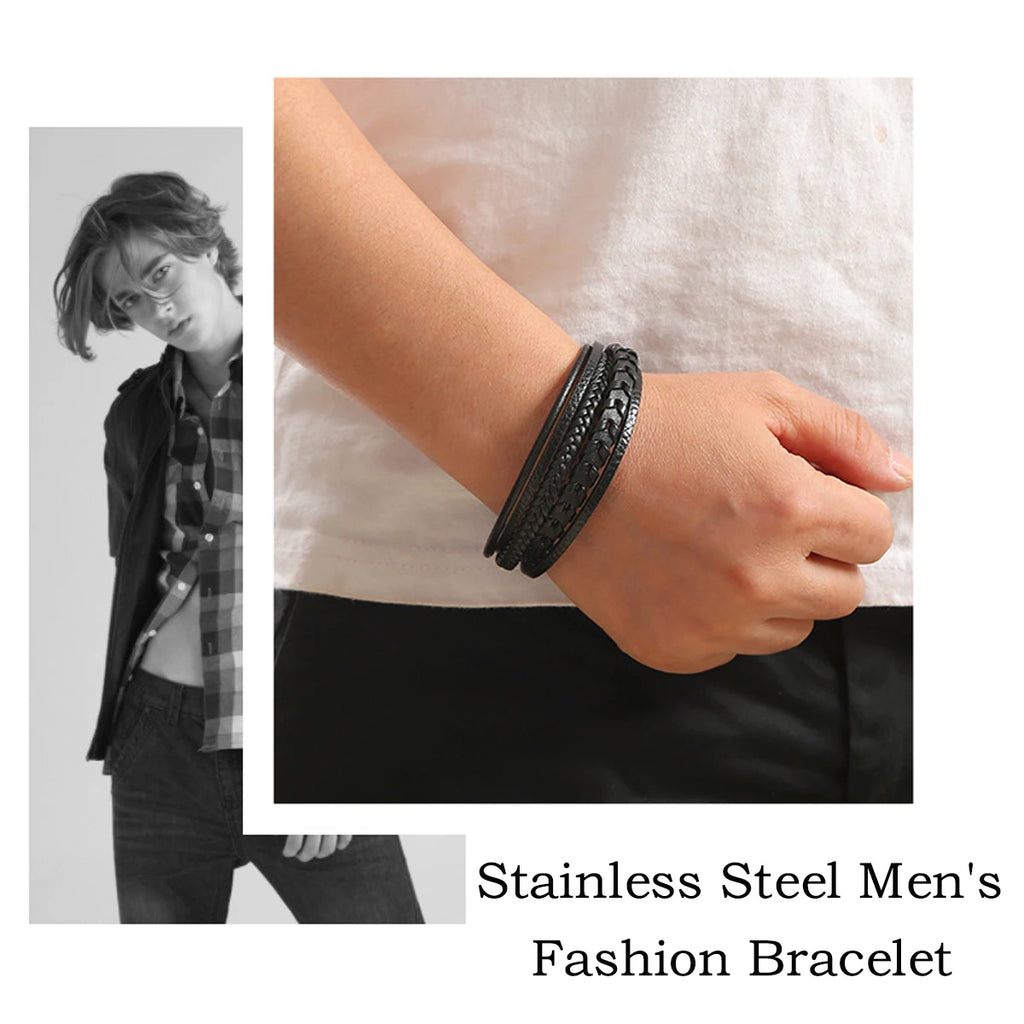 Multi-layered Leather Braided Bracelet – Vintage Magnetic Alloy for Men