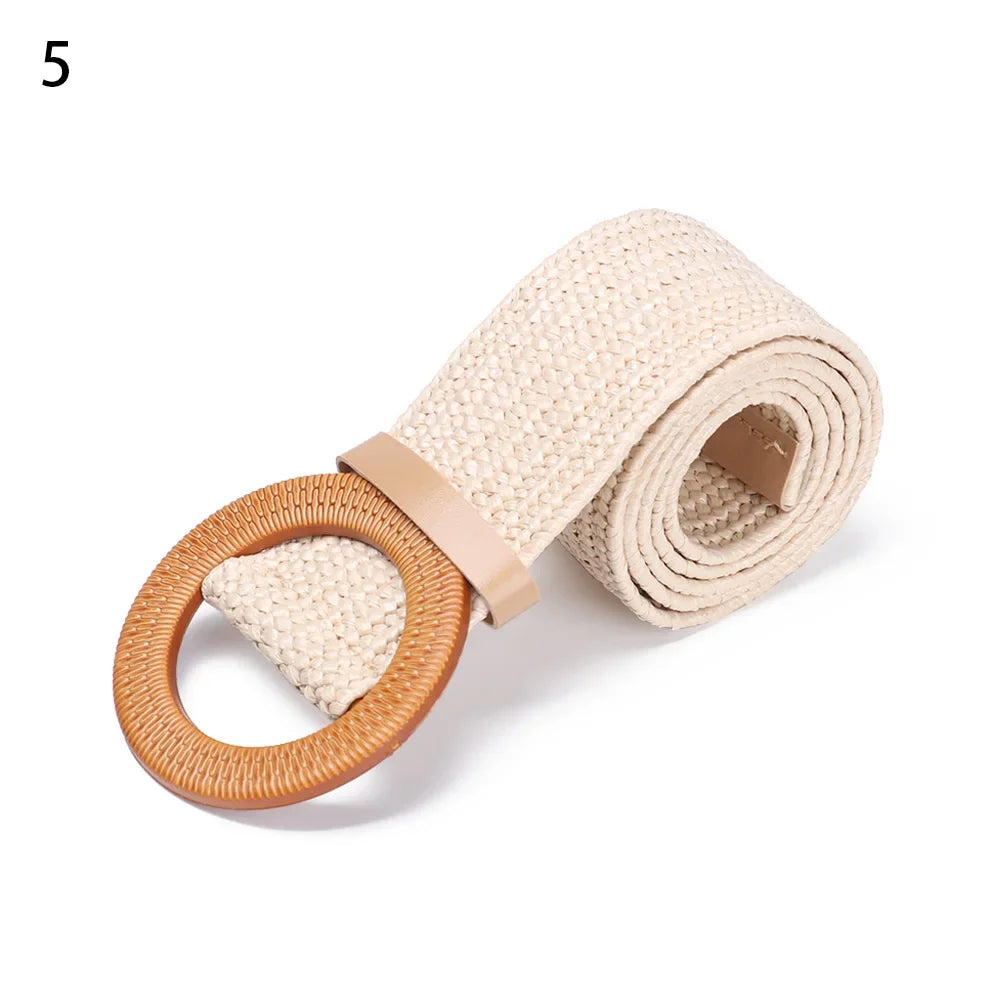 Woven Straw Waist Belt – Round Wooden Buckle for Summer Dress Accessories