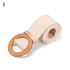 Woven Straw Waist Belt – Round Wooden Buckle for Summer Dress Accessories