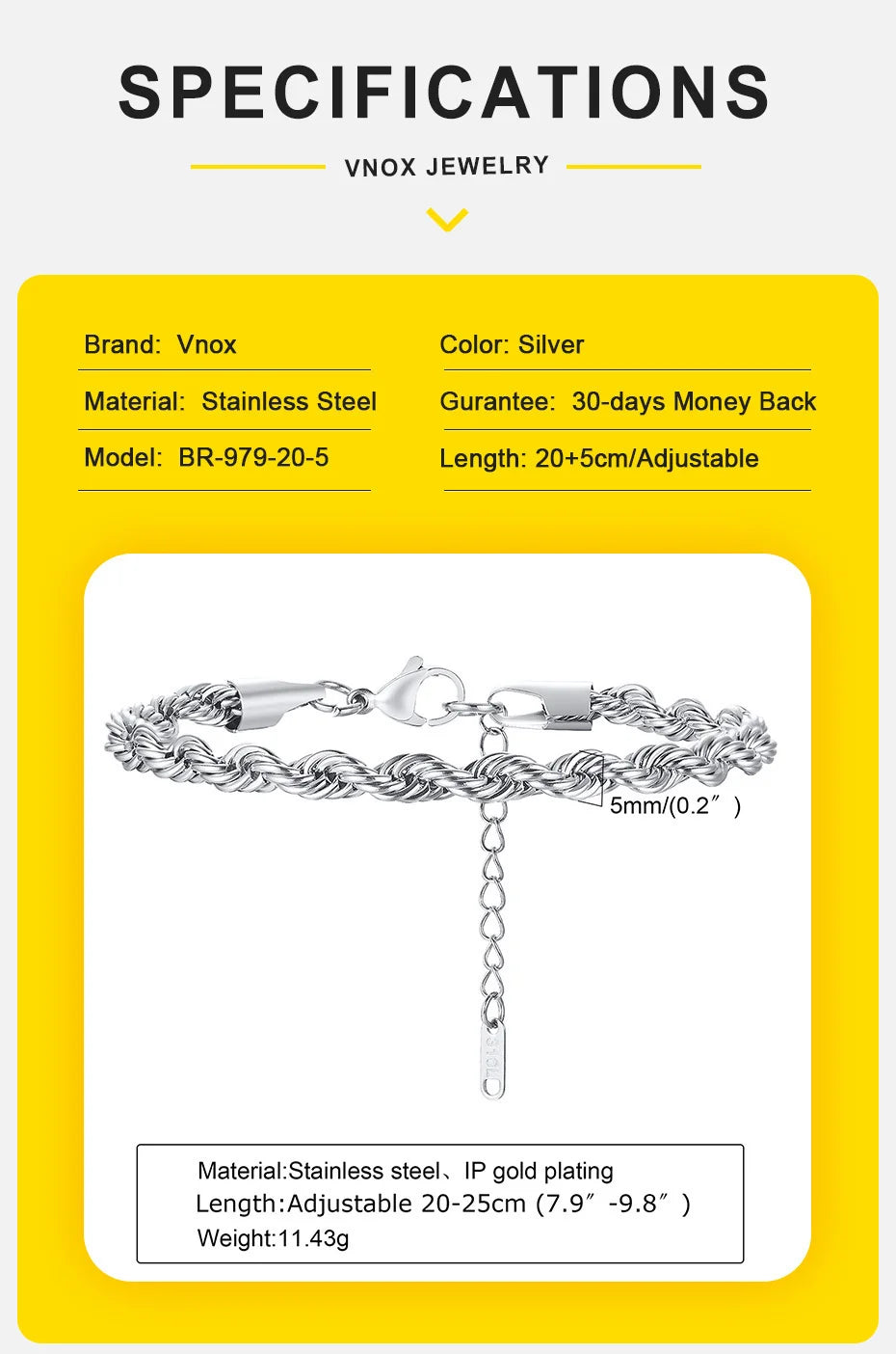 Stainless Steel Rope Chain Bracelet – Unisex Twisted Link Jewelry for Gift
