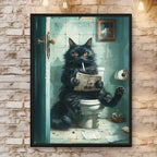 Funny Black Cat Newspaper Poster – Retro Bathroom Wall Art for Home Decor