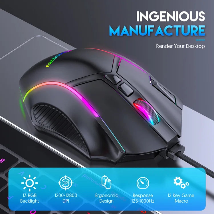 RGB Gaming Mouse – 12800 DPI Programmable 12-Button Ergonomic Controller for PC
