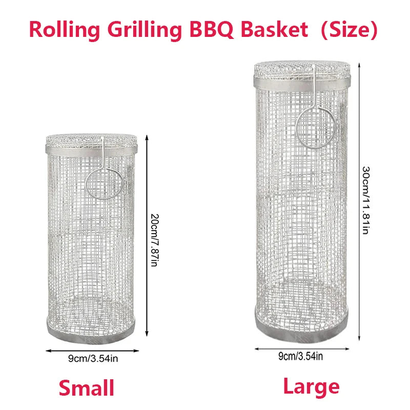 Stainless Steel Rolling Grill Basket – Cylindrical Mesh Rack for BBQ Camping