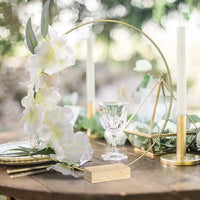 Metal Floral Hoop Centerpiece – Gold Macrame Ring with Wood Stand for Wedding