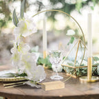 Metal Floral Hoop Centerpiece – Gold Macrame Ring with Wood Stand for Wedding