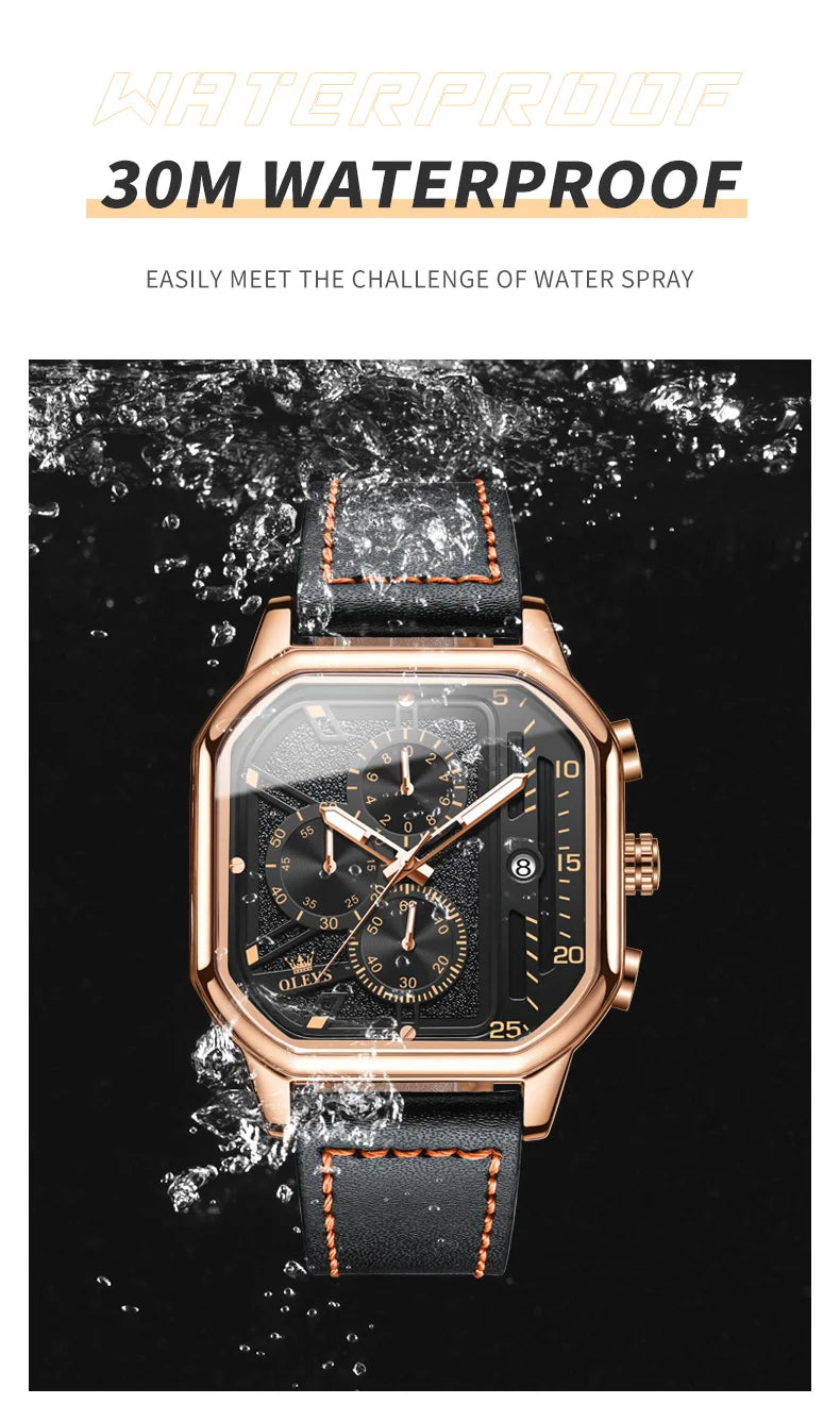 Square Leather Chronograph Watch – Waterproof Quartz Timepiece for Men