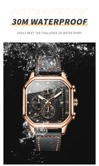 Square Leather Chronograph Watch – Waterproof Quartz Timepiece for Men