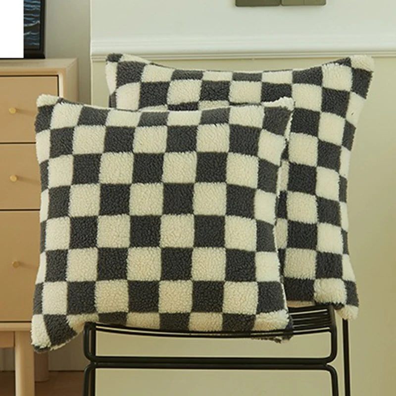 Black Faux Fur Throw Pillow Cover – Checked Wool Cushion for Sofa Decor
