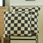 Black Faux Fur Throw Pillow Cover – Checked Wool Cushion for Sofa Decor