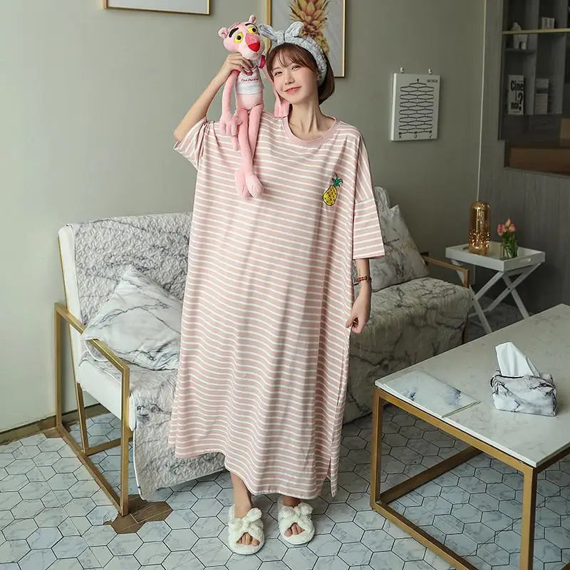 Plus Size Striped Pajama Dress – Short-Sleeved Cartoon Sleepwear for Women