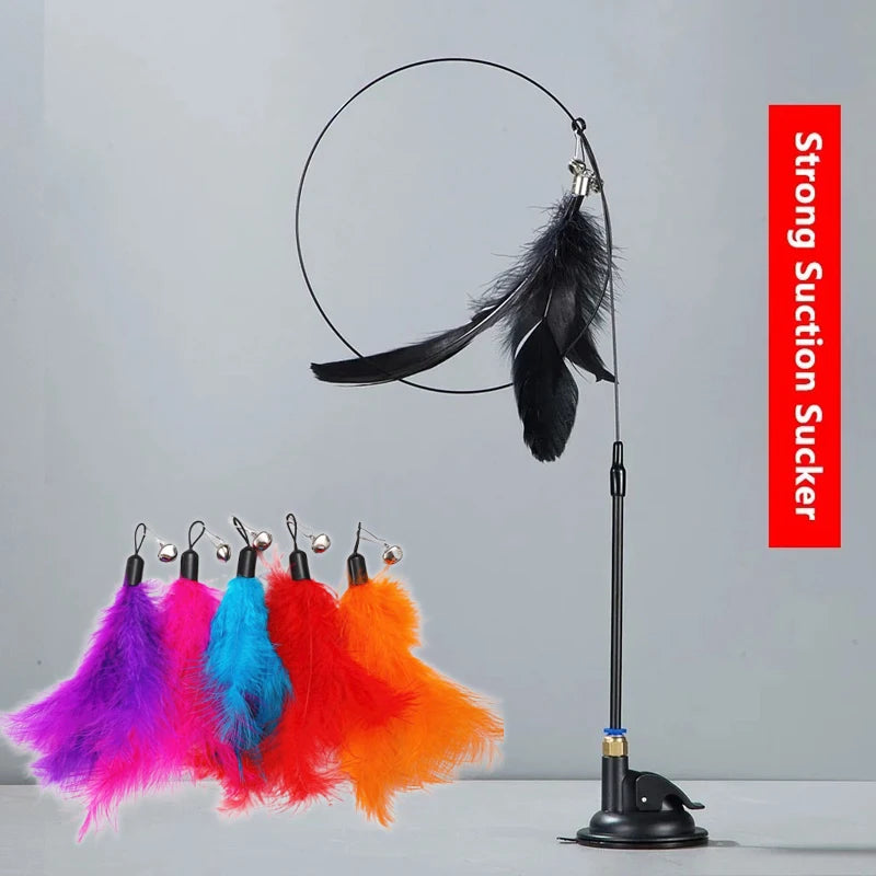 Feather Cat Teaser Wand – Suction Cup Interactive Toy for Indoor Exercise