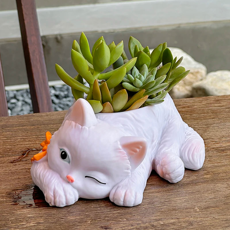 Ceramic Cat Succulent Planter – Decorative Desktop Pot for Home Office