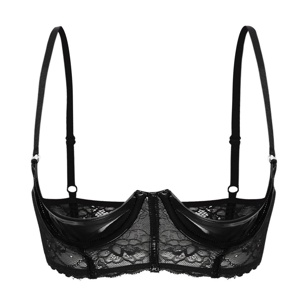 Wetlook Leather Push Up Bralette – Underwire Lace Lingerie for Sexy Cosplay