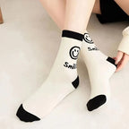 Happy Face Cotton Crew Socks – Cartoon Cat Hosiery for Women