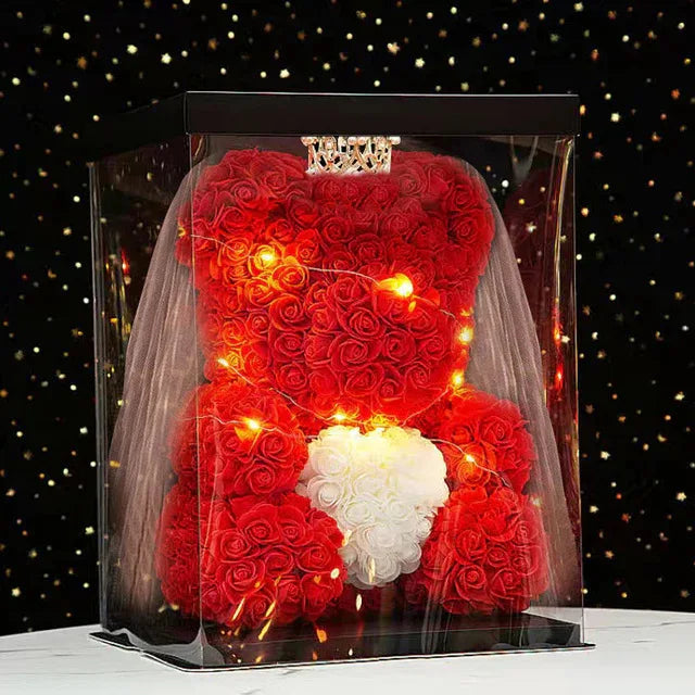 Artificial Rose Teddy Bear – 25cm Flower Gift for Valentines Anniversary