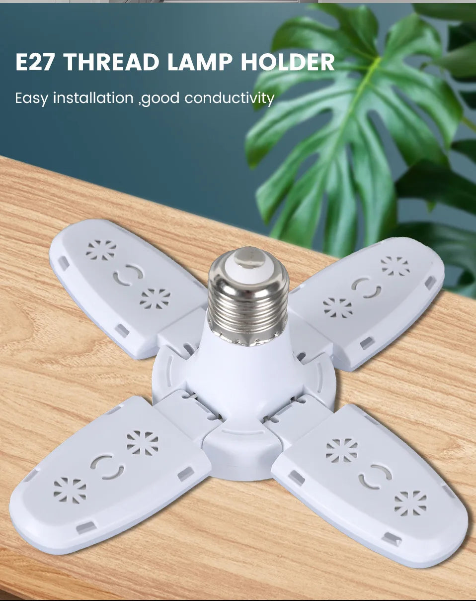 Foldable LED Fan Bulb – Adjustable 28W Ceiling Light for Garage and Warehouse