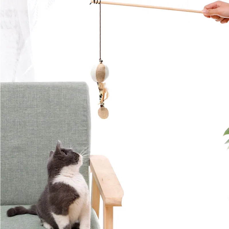 Colorful Feather Wand Toy – Interactive Wooden Rod for Cat Exercise