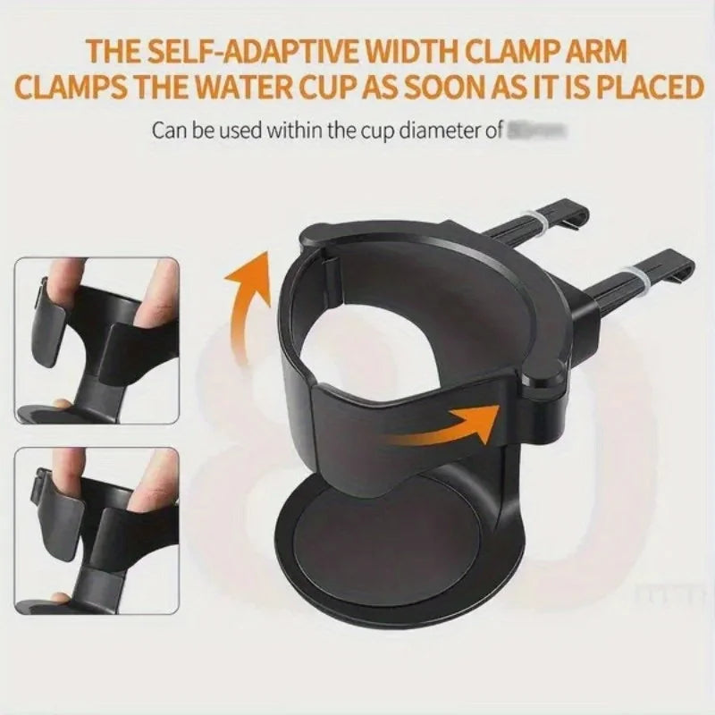 Adjustable black cup holder with clamp arm for car or stroller, self-adaptive design