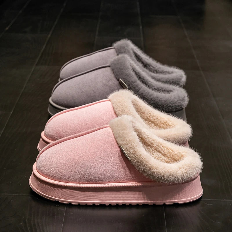 Fluffy Fur-Lined Slippers – Anti-Slip Thick Sole Winter Shoes for Indoor Home Use