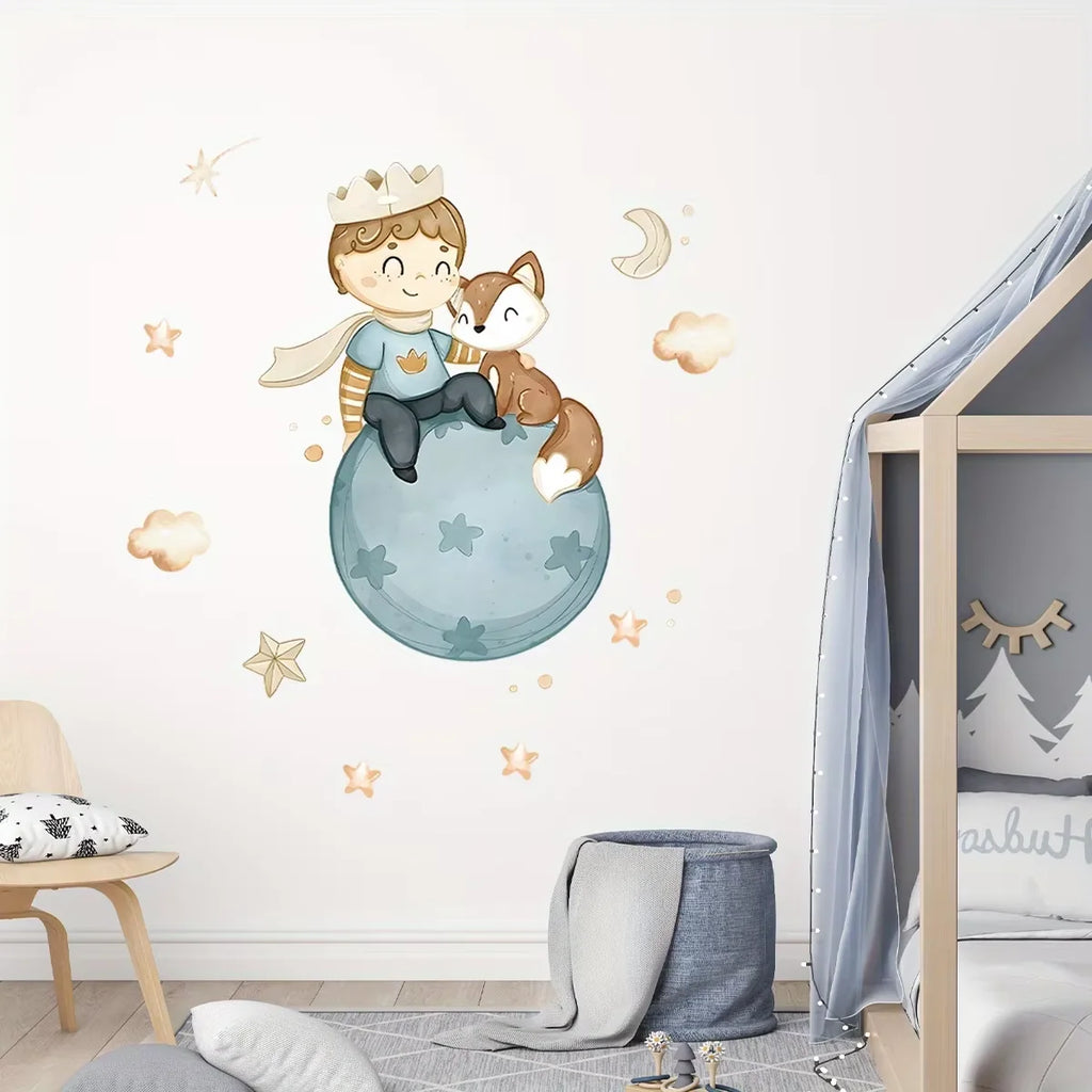 Cute Prince Fox Wall Decals – Cartoon Balloon Star Decor for Nursery Bedroom