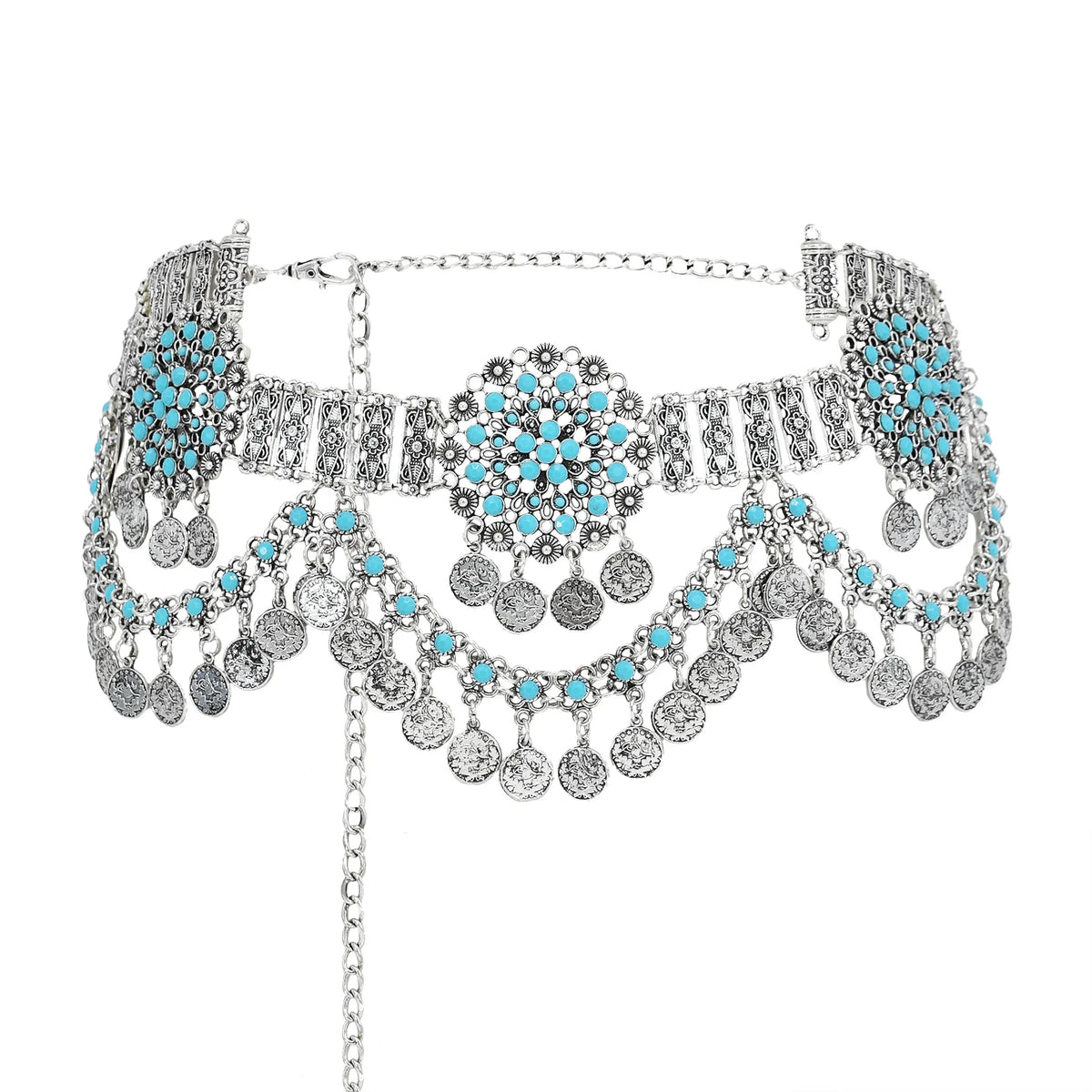 Boho silver coin belt with turquoise accents and ornate floral patterns