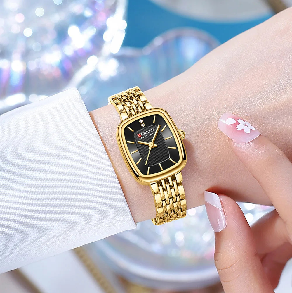 Gold Stainless Steel Quartz Watch – Elegant Square Dial for Business Fashion