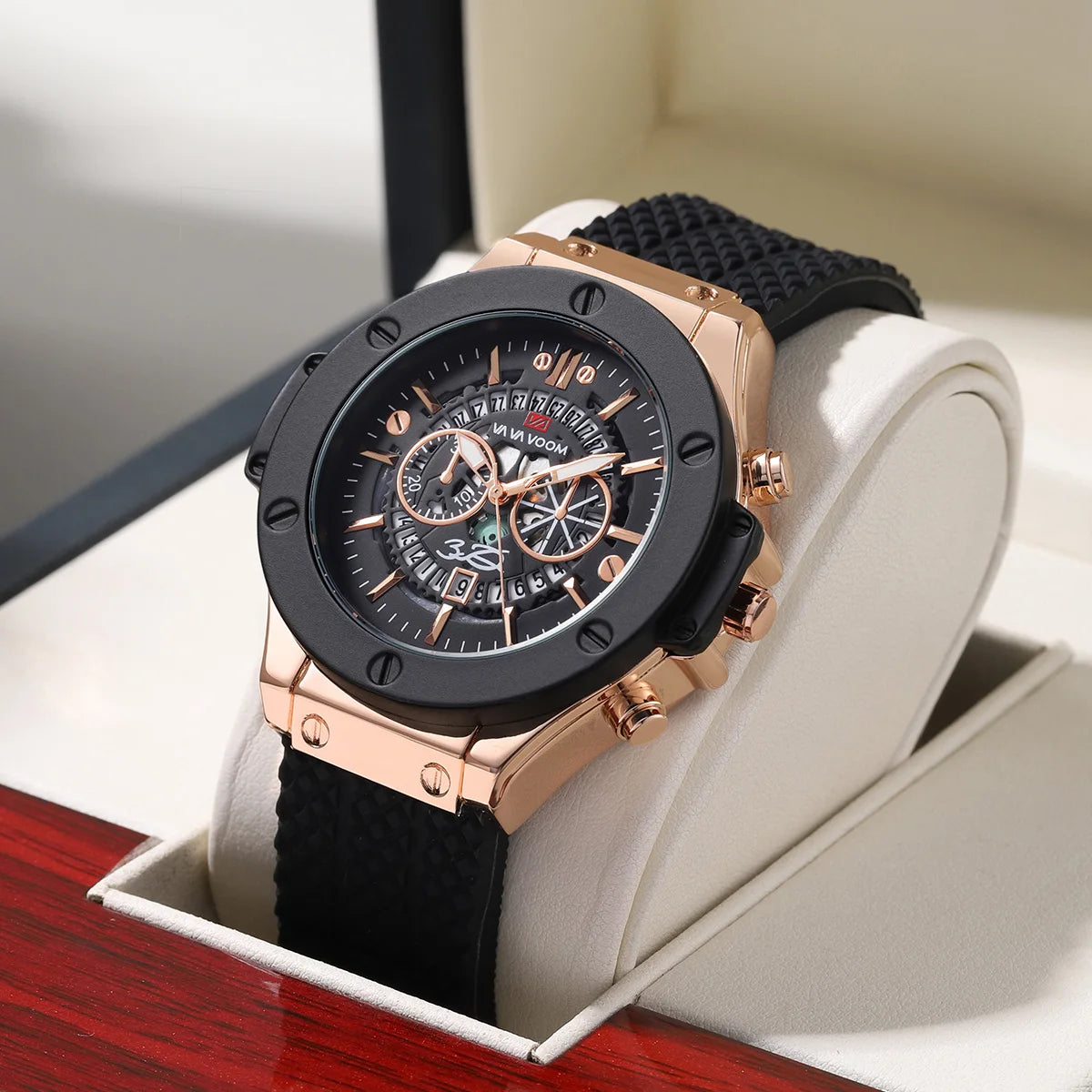 Mens Rose Gold Silicone Sports Watch – 46mm Hollow Dial for Daily Fashion