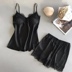 Lace V-Neck Pajama Set – Sexy Satin Sleepwear for Women