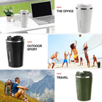 Insulated coffee tumbler in white, black, and green for office, outdoor sports, and travel use