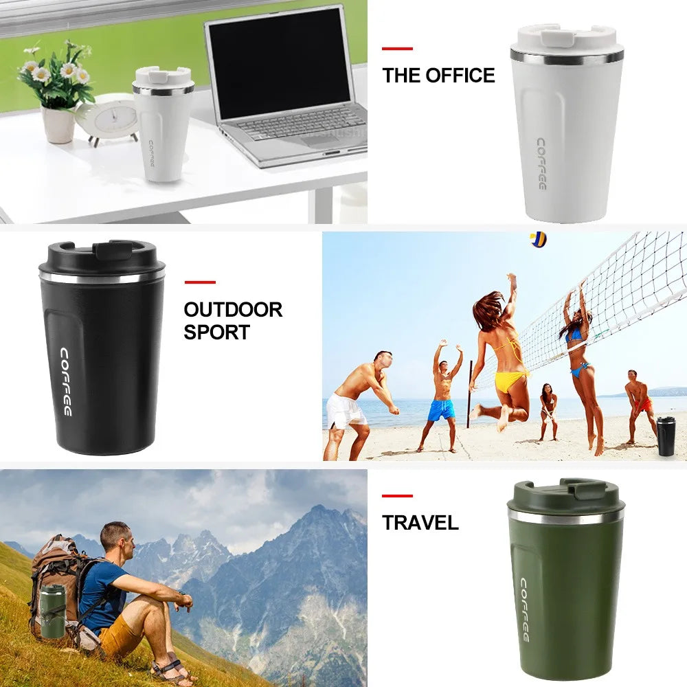 Insulated coffee tumbler in white, black, and green for office, outdoor sports, and travel use