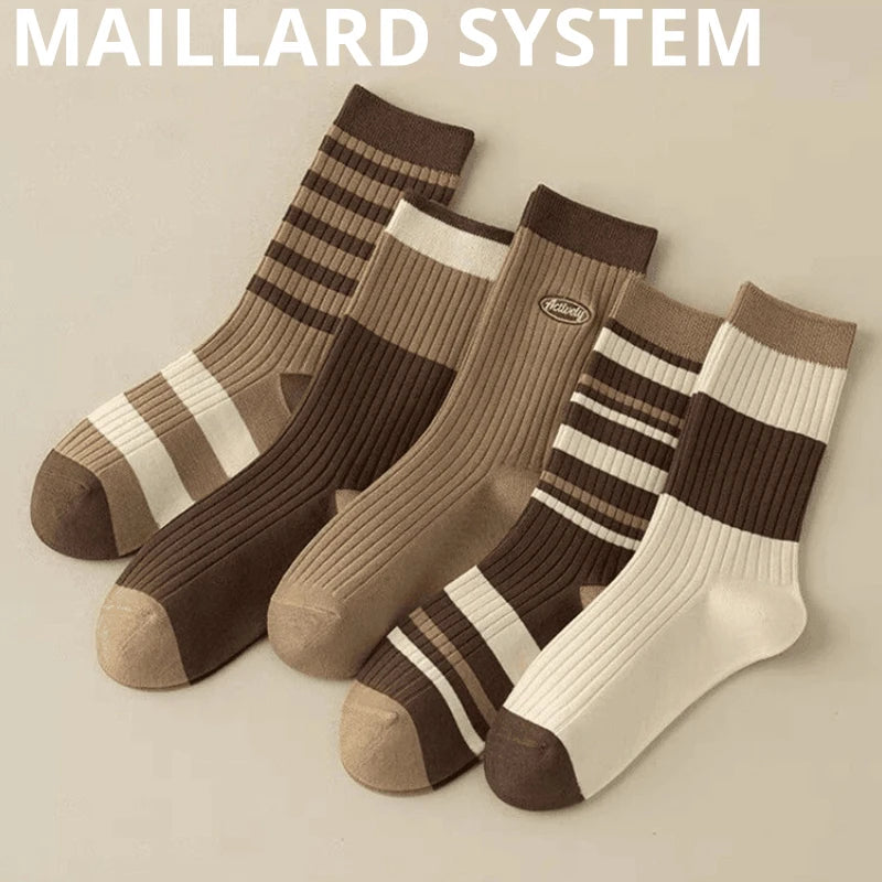 Maillard Color Crew Socks – Vintage Autumn Winter Athletic Hosiery for Women