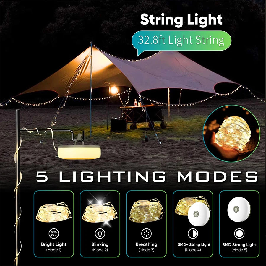 Rechargeable LED Camping String Lights – 8 Lighting Modes for Outdoor Decor