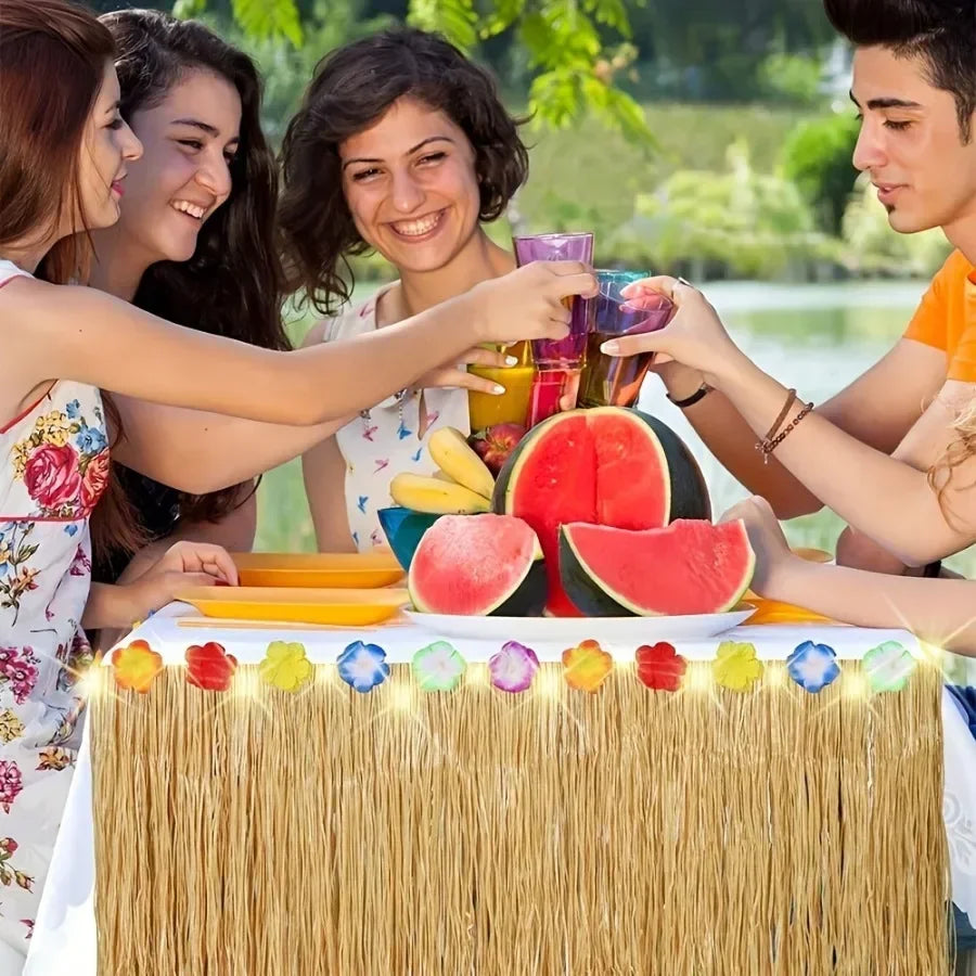 Tropical Hawaiian Table Skirt – Reusable Grass Fringe for Luau Party Decor