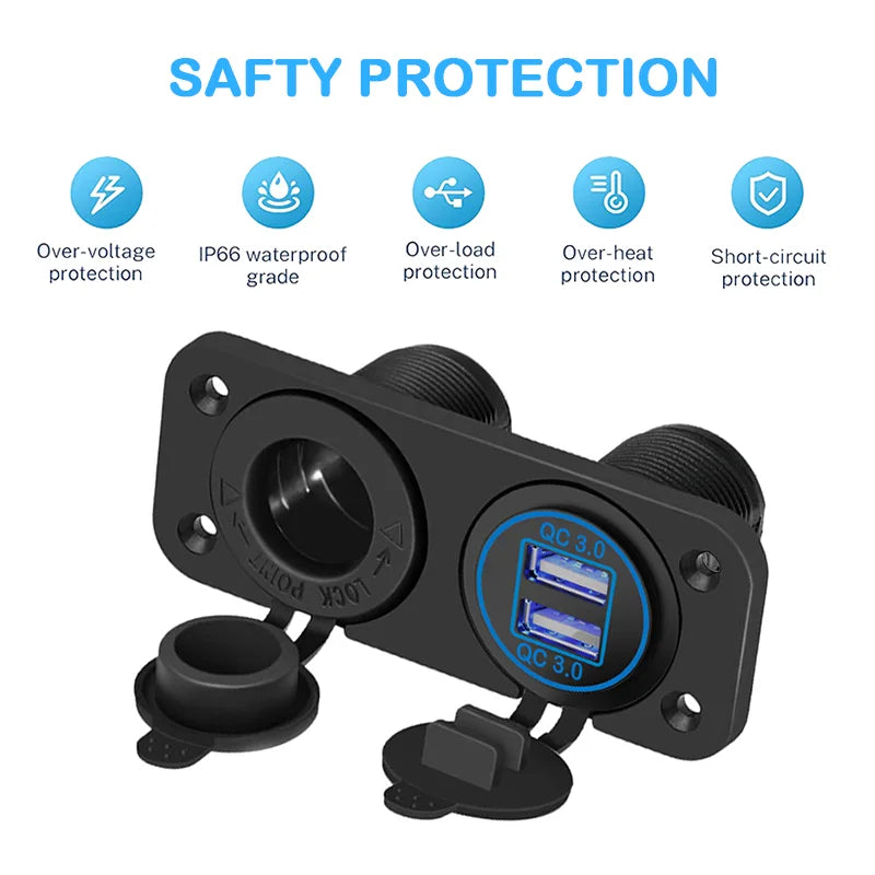 Dual USB Socket Panel – Waterproof QC3.0 Quick Charge for Car Boat RV