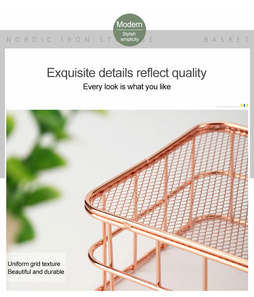 Gold Iron Storage Basket – Geometric Desktop Organizer for Makeup Brushes