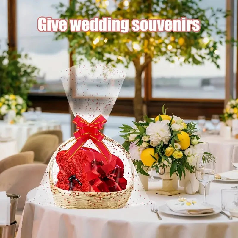 Heart Print Cellophane Gift Bags – Decorative Ribbon Pouches for Wedding Favors