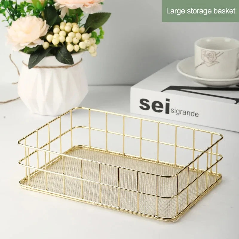Gold Iron Storage Basket – Geometric Desktop Organizer for Makeup Brushes