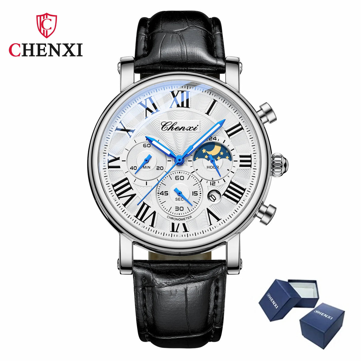 Leather Quartz Chronograph Watch – Men's Moon Phase Business Wristwatch