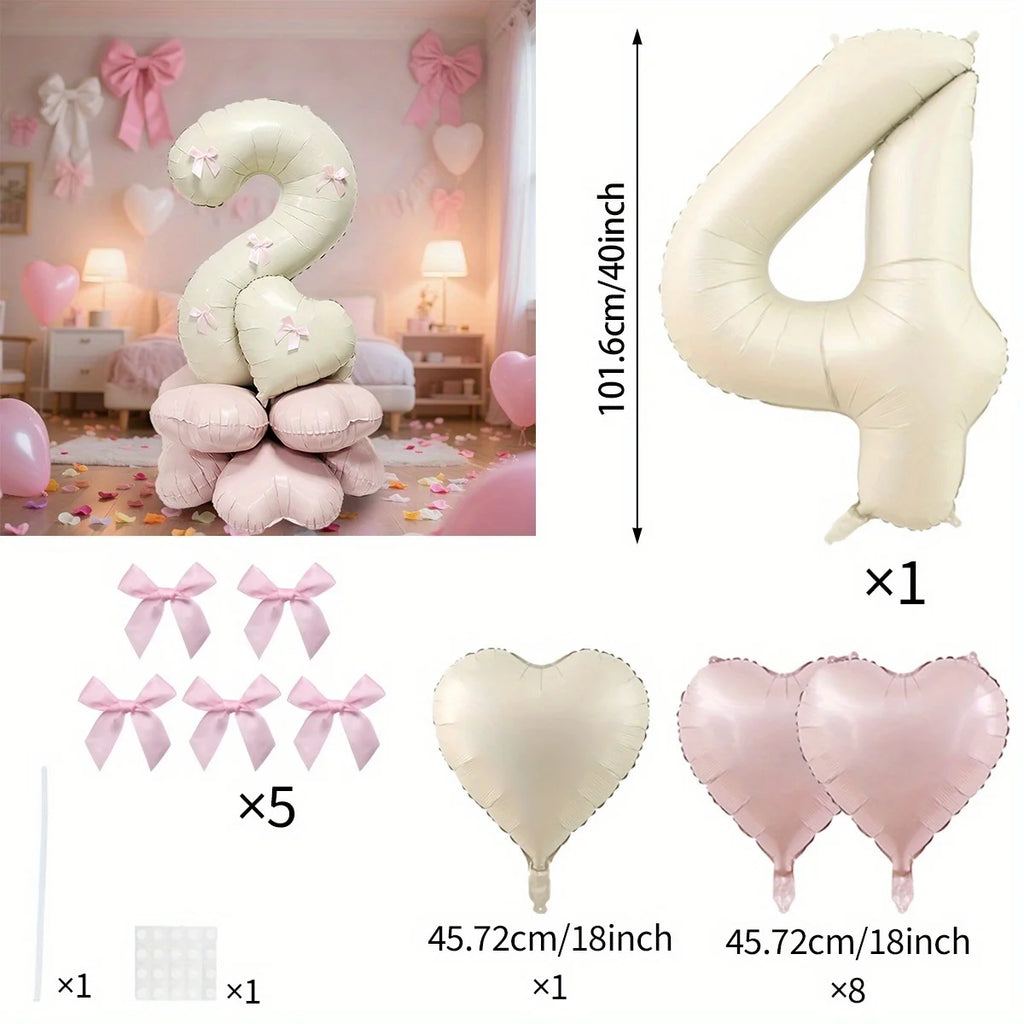 40-Inch Cream White Number Balloon Set – Heart Foil Decor for Kids Birthday