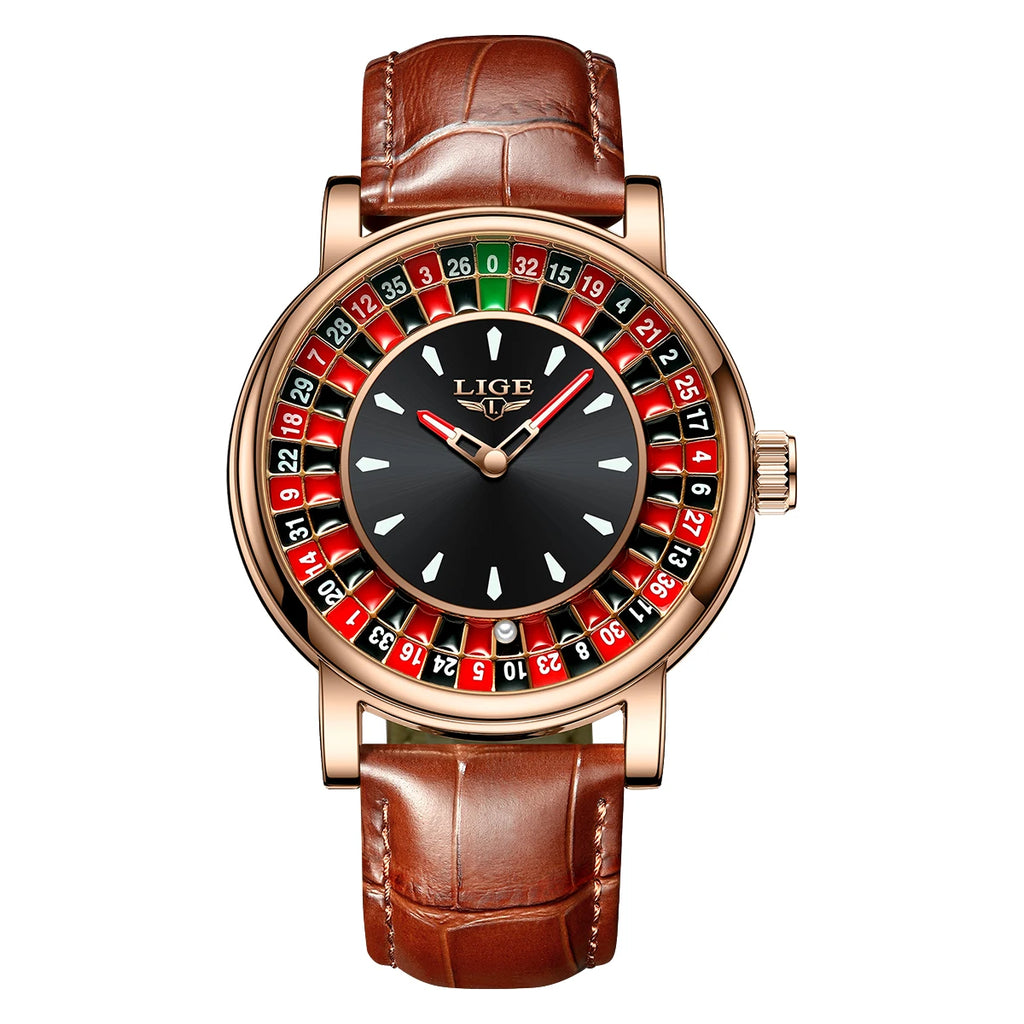 LIGE Roulette Quartz Watch – Luxury Leather Wristwatch for Men Gifts