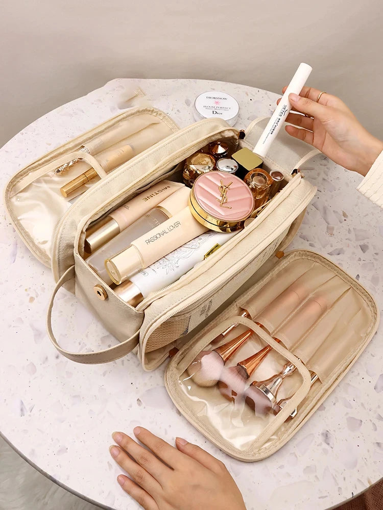 Large PU Leather Makeup Bag – Double Zipper Organizer for Travel Toiletries