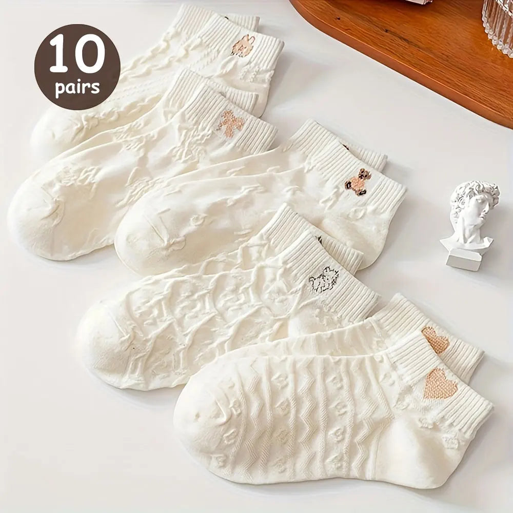 Cartoon Teddy Bear Ankle Socks – Breathable Cotton Casual Footwear for Women
