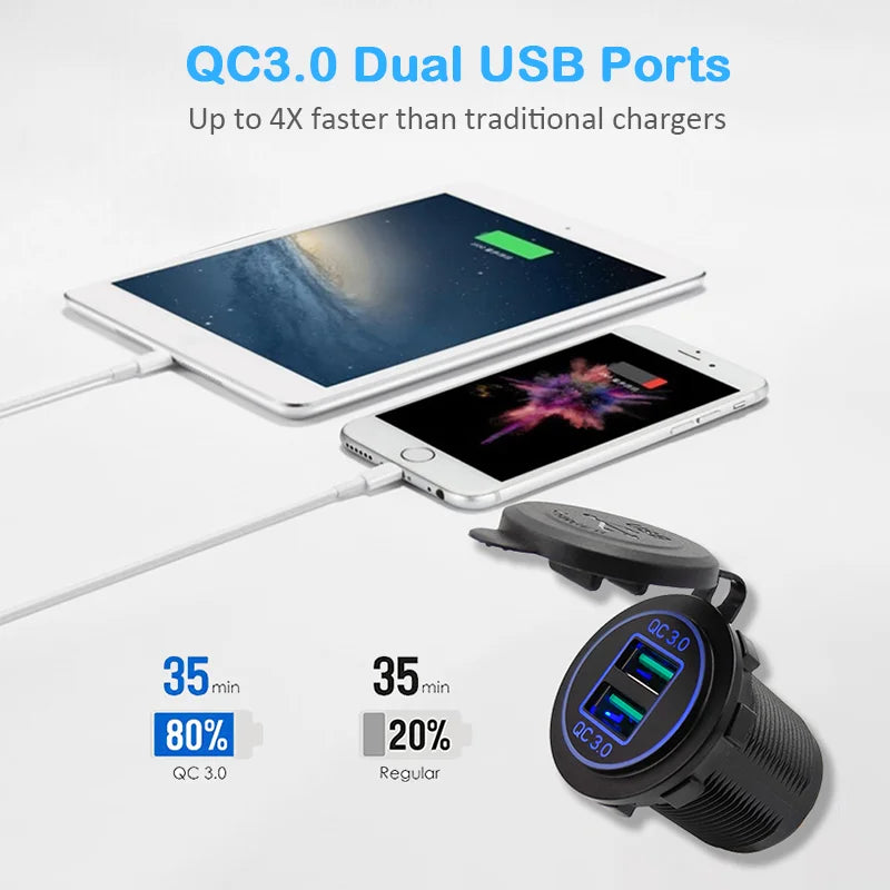 Dual USB Socket Panel – Waterproof QC3.0 Quick Charge for Car Boat RV
