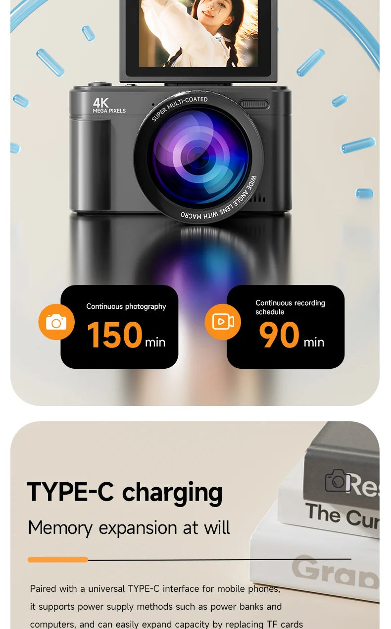 4K 64MP Compact Digital Camera – 18X Zoom for Travel Vlogging and Photography