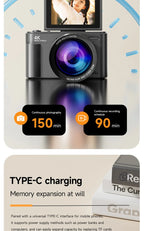 4K 64MP Compact Digital Camera – 18X Zoom for Travel Vlogging and Photography