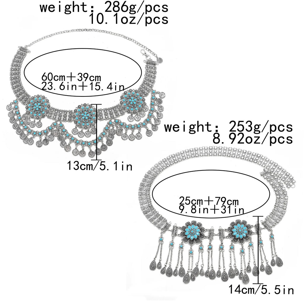 Two silver statement necklaces with turquoise accents, detailed size and weight measurements shown