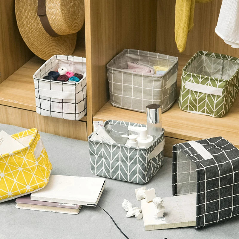 Foldable Cotton Linen Storage Basket – Small Desktop Organizer for Home